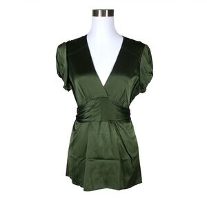 BCBG Max Azria Silk Blouse – Olive Green Ruched Waist Puff Sleeve Top